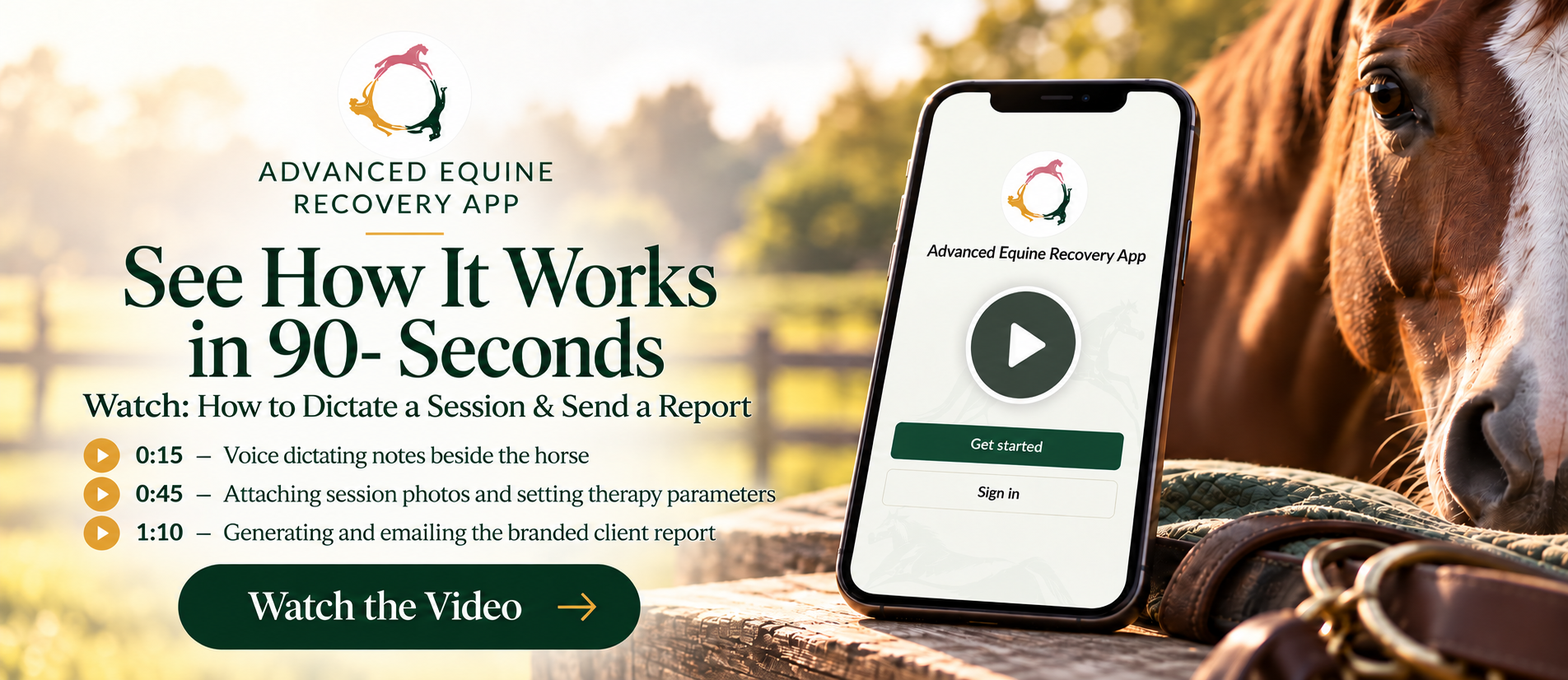Image of a video on the advanced equine recovery app see how it works in 90 seconds.