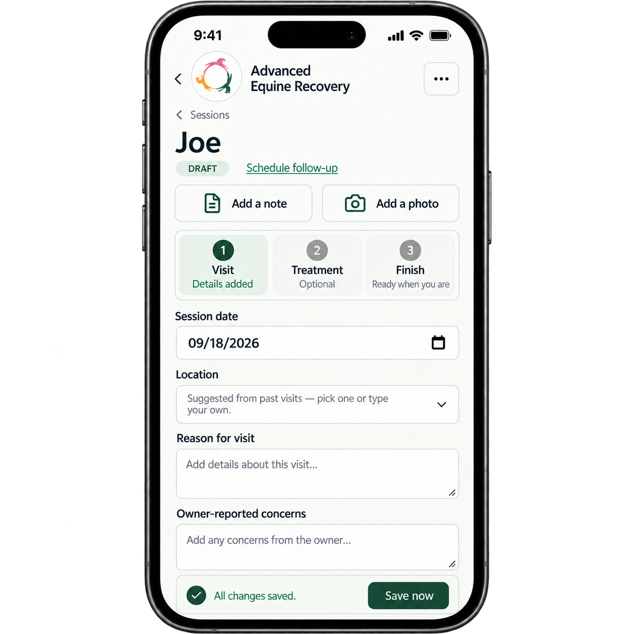 Advanced Equine Recovery app session documentation screen for recording visit details, owner concerns, treatment notes, and horse therapy information.