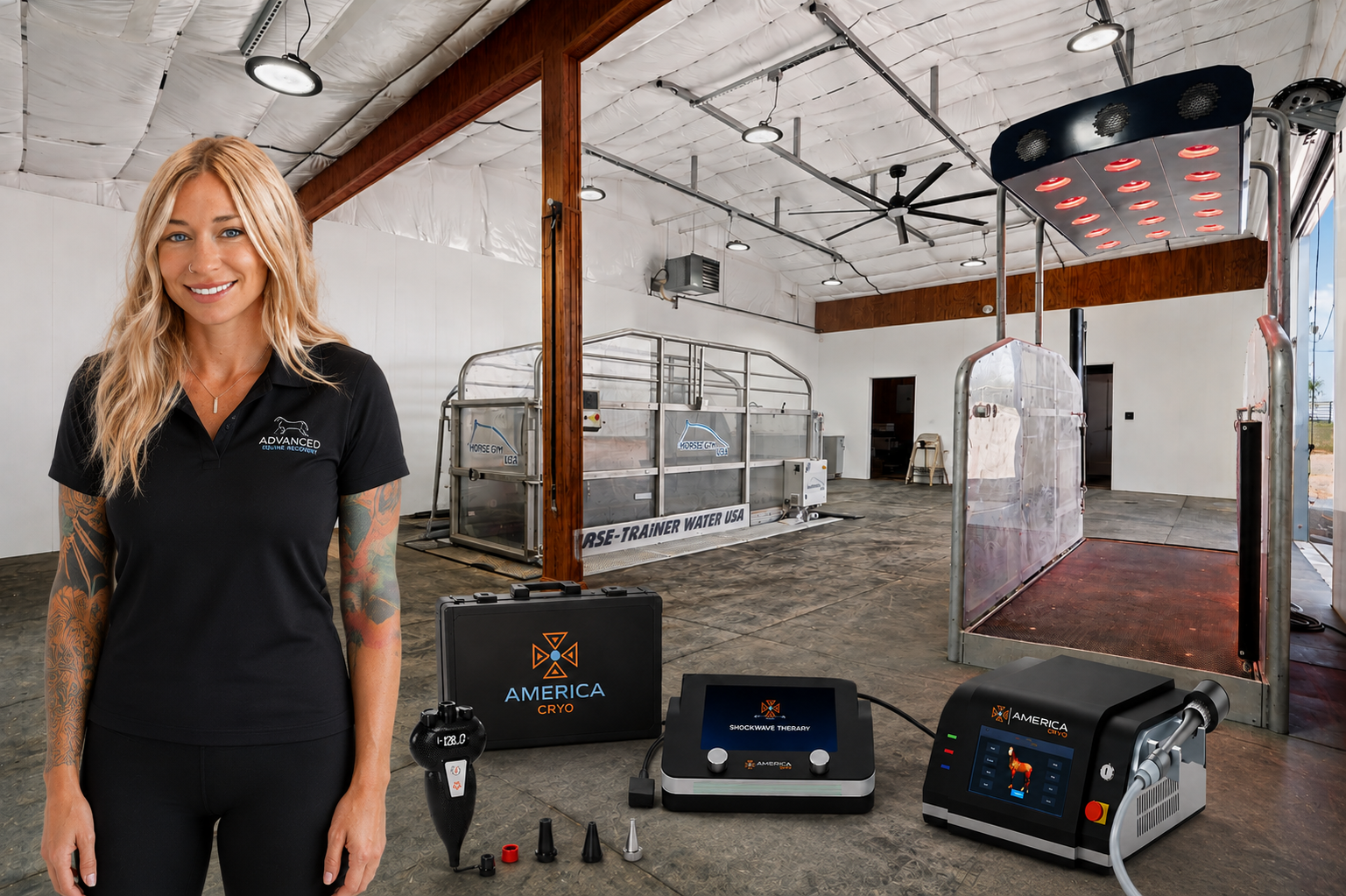 Woman standing in advanced equine recovery with water treadmill and equine therapy equipment