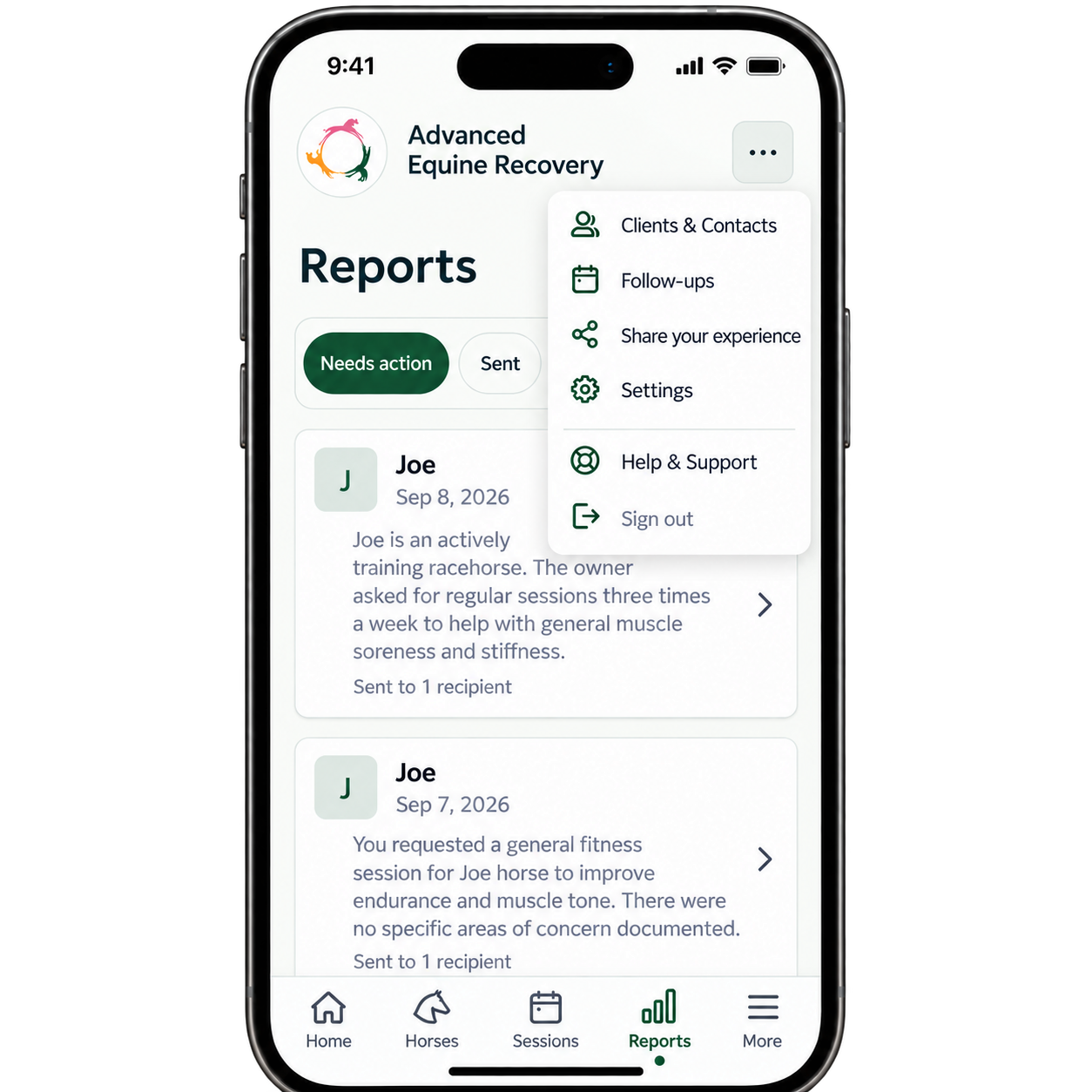Advanced Equine Recovery app showing professional equine therapy reports, client records, follow-ups, and report management.