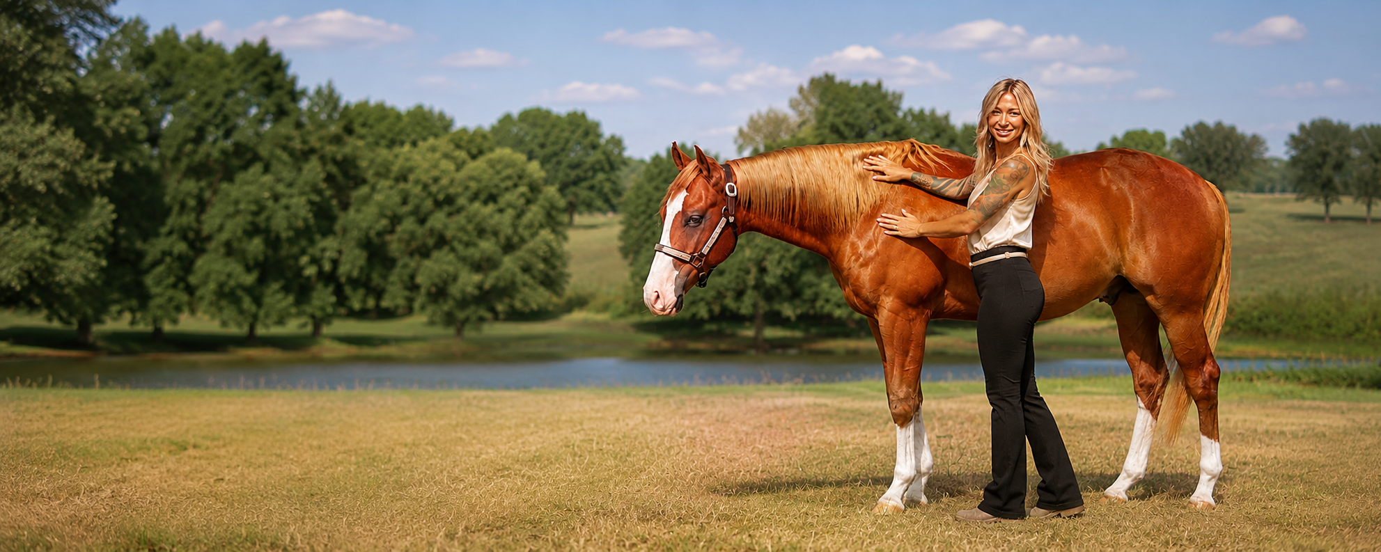 A woman with blonde hair, tattoos, wearing a white sleeveless top and black pants, standing next to a chestnut horse with a white blaze on its face near a lake with trees in the background, on a sunny day.