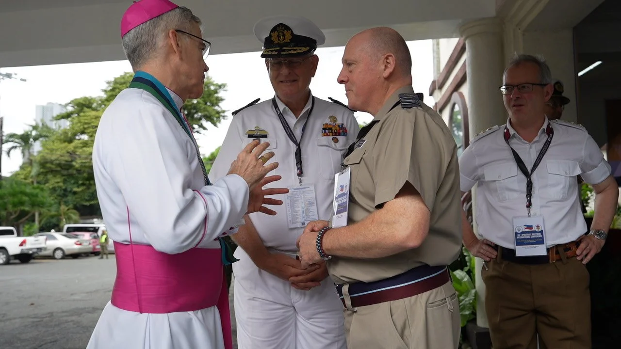 AMI President VAdm (ret) Matthieu Borsboom and Secretary General Wg Cdr Neil Galloway have a chat with Archbishop Charles John Brown, Apostolic Nuncio to the Philippines after Mass.