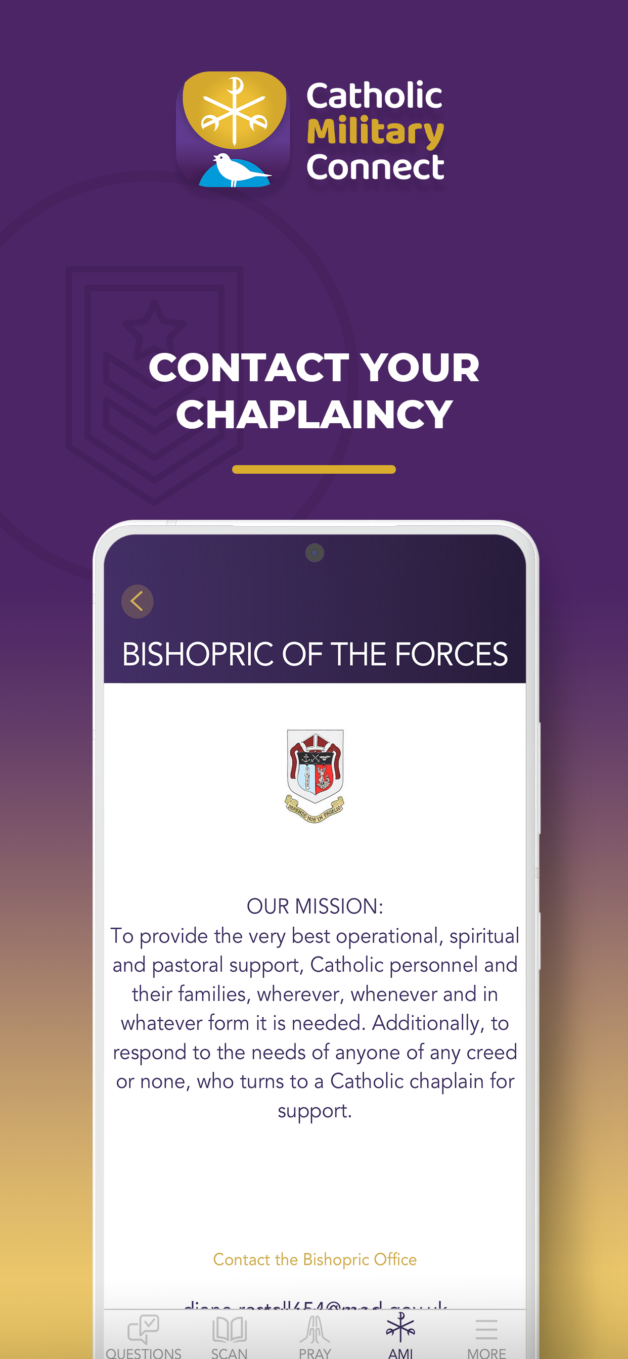 Mobile screen showing the Catholic Military Connect app with the title "Contact Your Chaplancy" and a section about the Bishopric of the Forces, including their mission statement and crest.