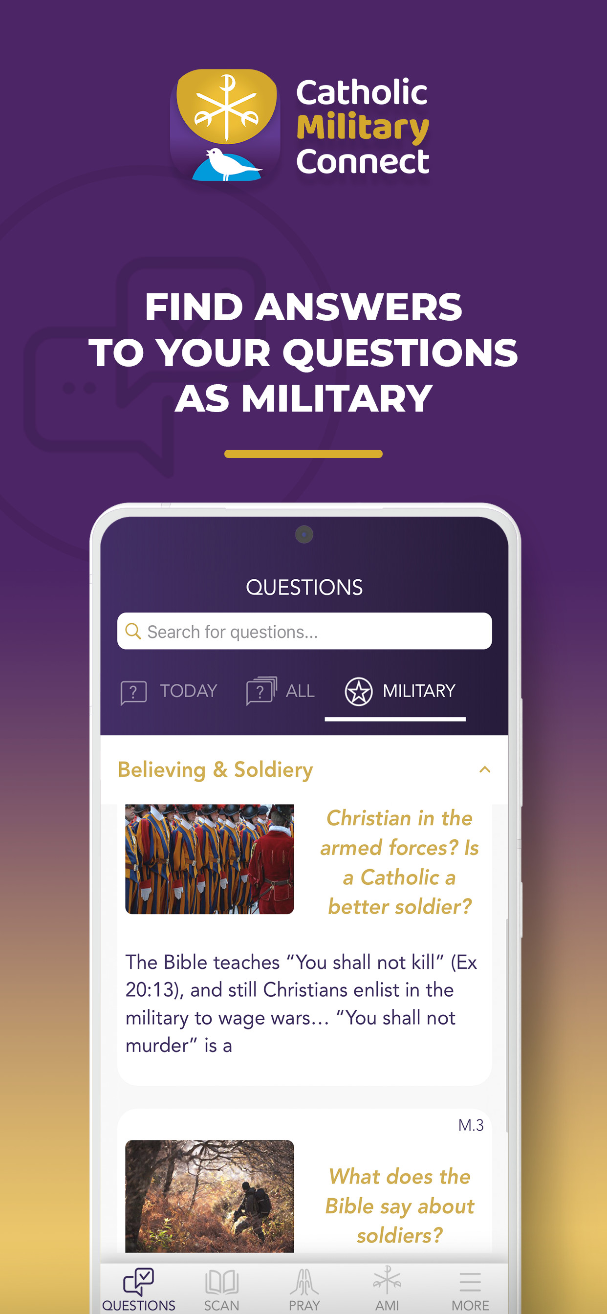 Screenshot of a mobile app titled Catholic Military Connect, showing questions and answers about faith and soldiers, with a search bar and navigation icons.