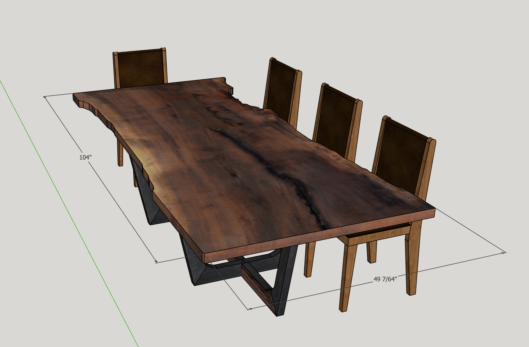 A 3D rendering of a wooden dining table with four chairs on one side and one on the far end, showing measurements of 104 inches in length and 49 7/64 inches in width.