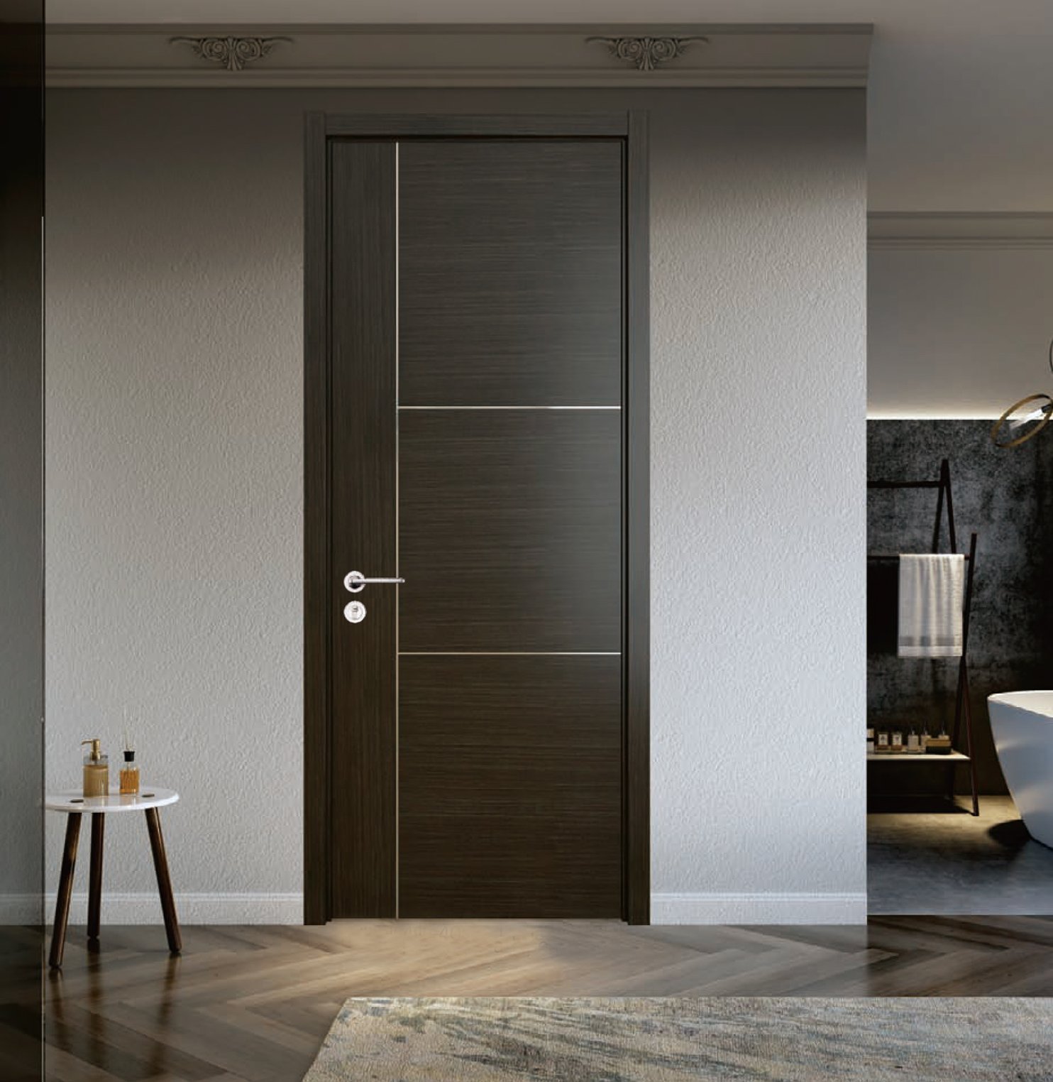 Interior view of a closed wooden door with sleek horizontal and vertical silver lines, set in a neutral-colored wall with textured finish, part of a modern living space.