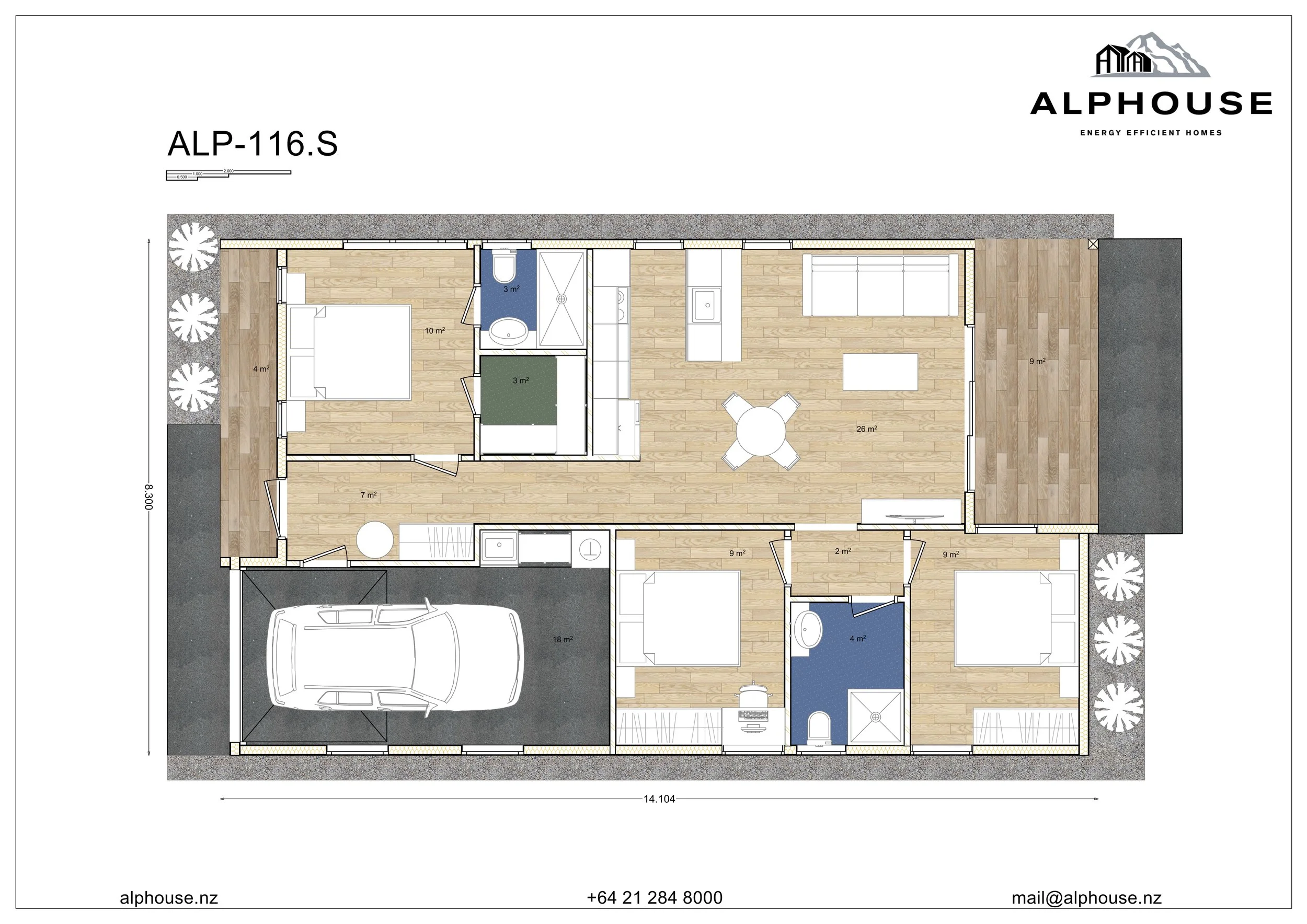 Floor plan of a house with labeled rooms, including bedrooms, bathrooms, living room, kitchen, garage, and outdoor areas.