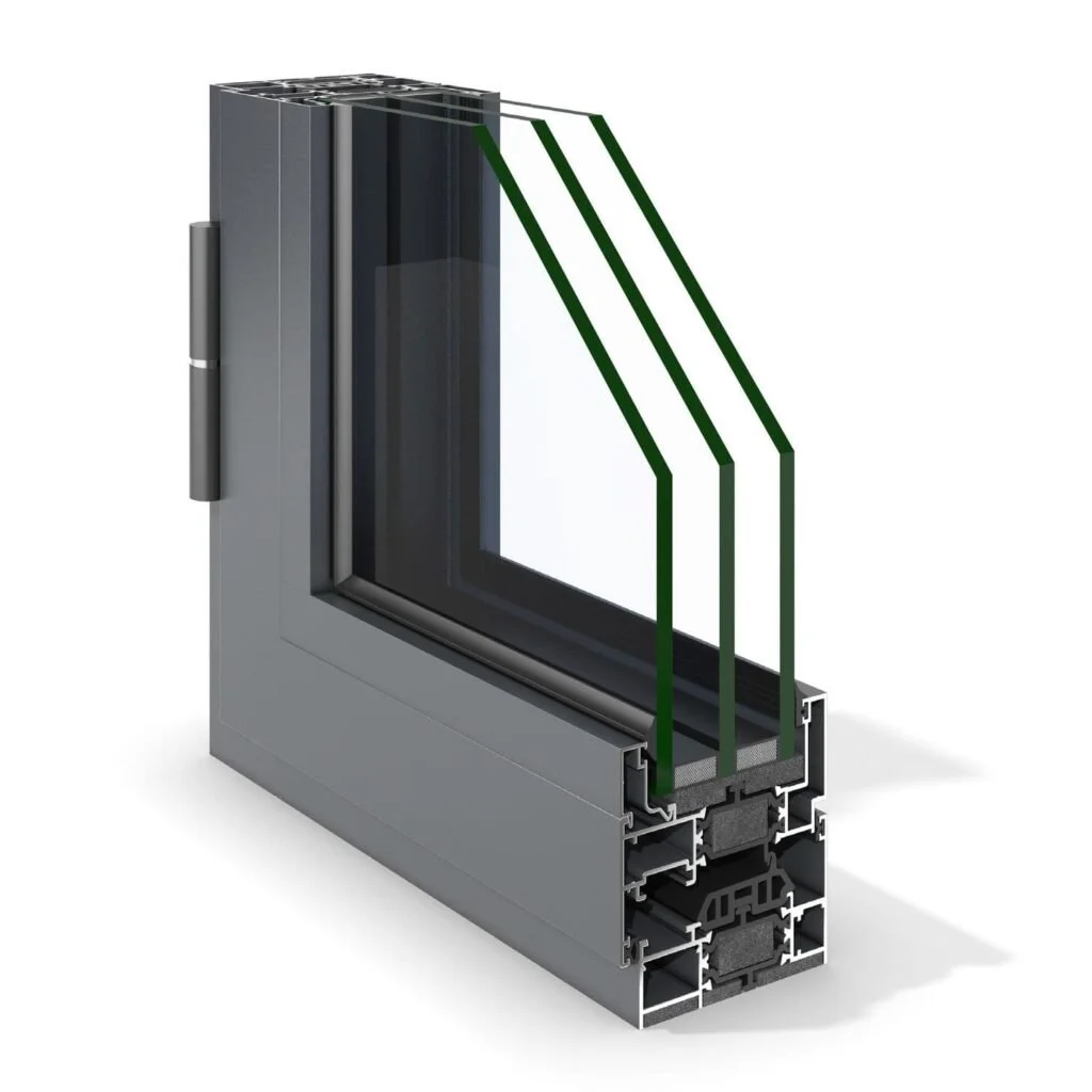 Cross-section of a double-pane insulated glass window with metal frame.