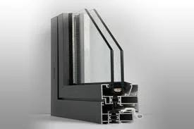 Cross-section of a modern black window frame with glass panes.