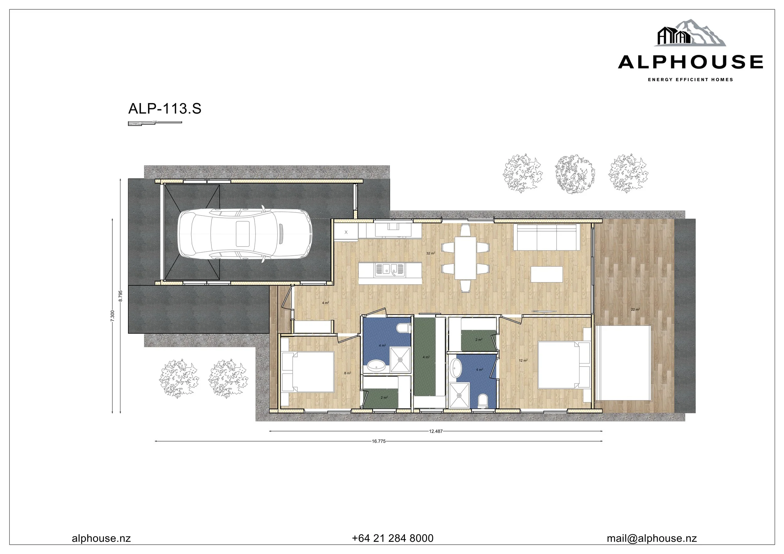 Floor plan of a house with a garage, living room, kitchen, dining area, two bedrooms, two bathrooms, and an outdoor deck.