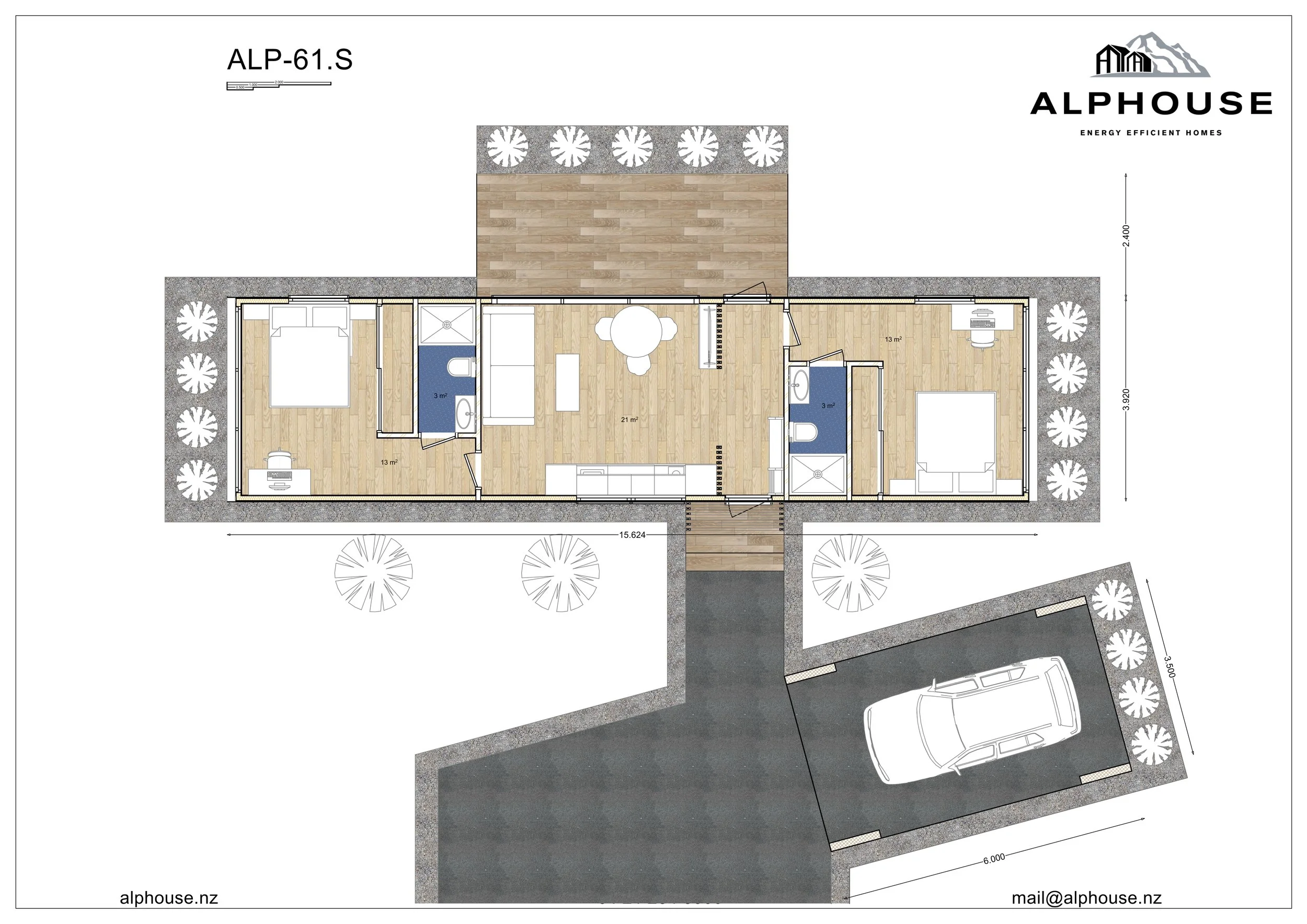 Floor plan of a modern, energy-efficient house with two bedrooms, two bathrooms, a central living area, and an outdoor deck. There is a driveway with a parked car outside.