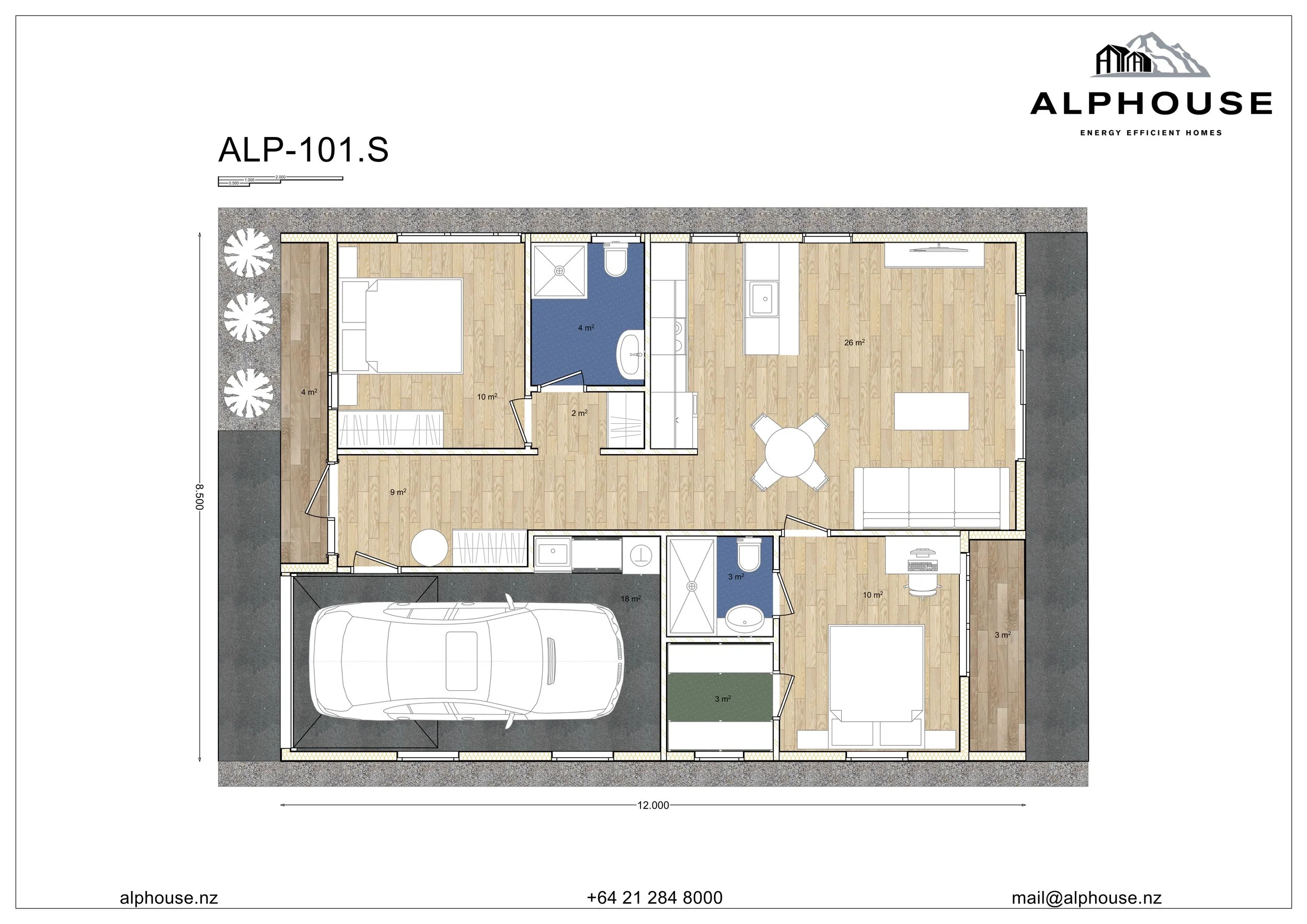Floor plan of a single-story house with three bedrooms, two bathrooms, a living room, kitchen, dining area, garage, and outdoor spaces, labeled with measurements.