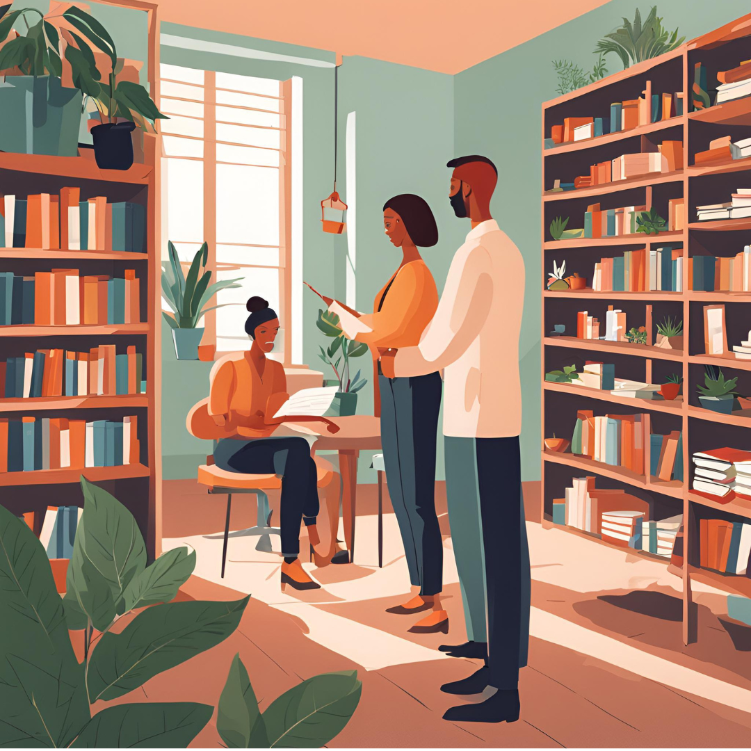 Three therapists in a cozy office. Two are standing, one sitting at a table with books and documents, surrounded by shelves filled with books and plants. Natural light from a window illuminates the scene.
