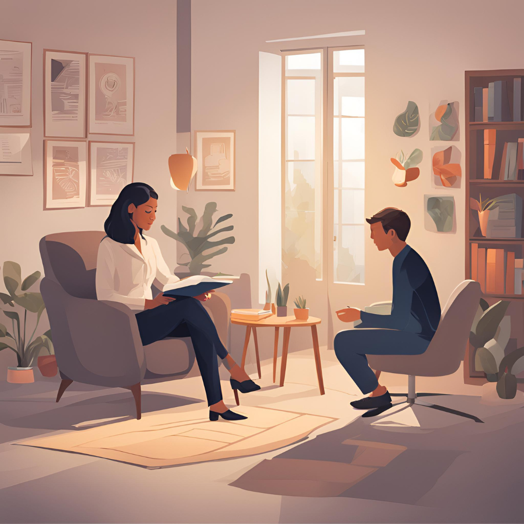An adult female therapist and a male adolescent sitting in a cozy, well-lit room with lots of plants and modern decor, engaged in a conversation during a therapy session.
