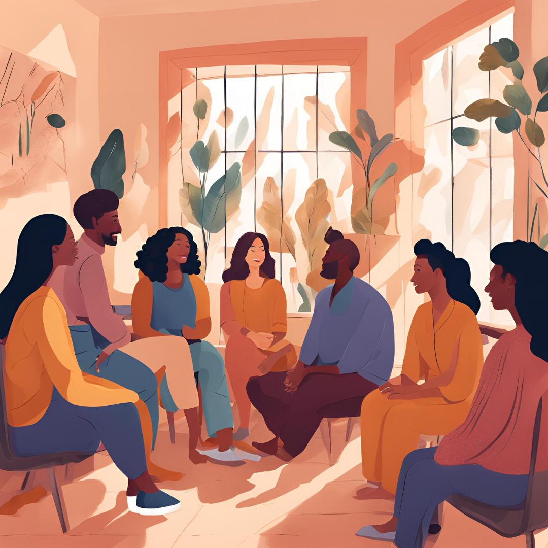 An illustrated group therapy session with eight diverse people sitting in a circle in a bright room with large windows and plants.