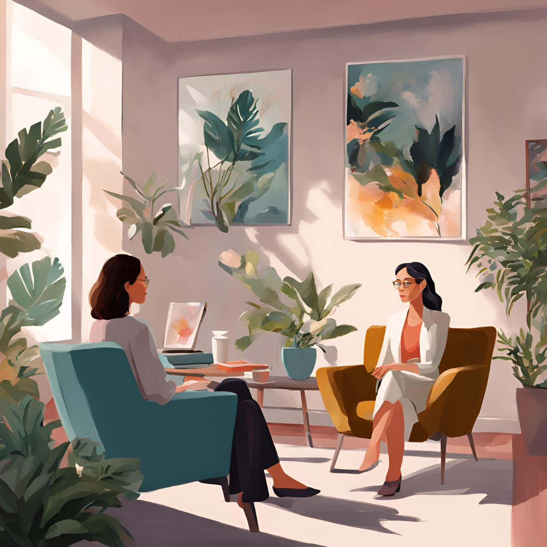 An adult female therapist and an female adult client having a discussion in an office or consulting room with modern decor, large green plants, abstract art on the walls, and sunlight streaming in through a large window.