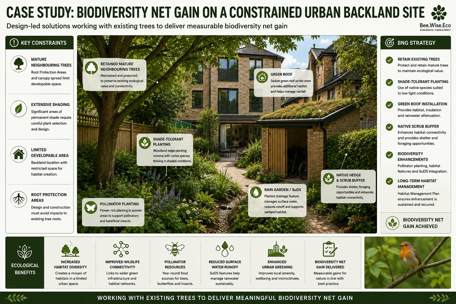 Conceptual Biodiversity Net Gain strategy demonstrating how constrained urban backland developments can work with existing mature trees, shade-tolerant planting and green infrastructure to deliver measurable ecological enhancements.
