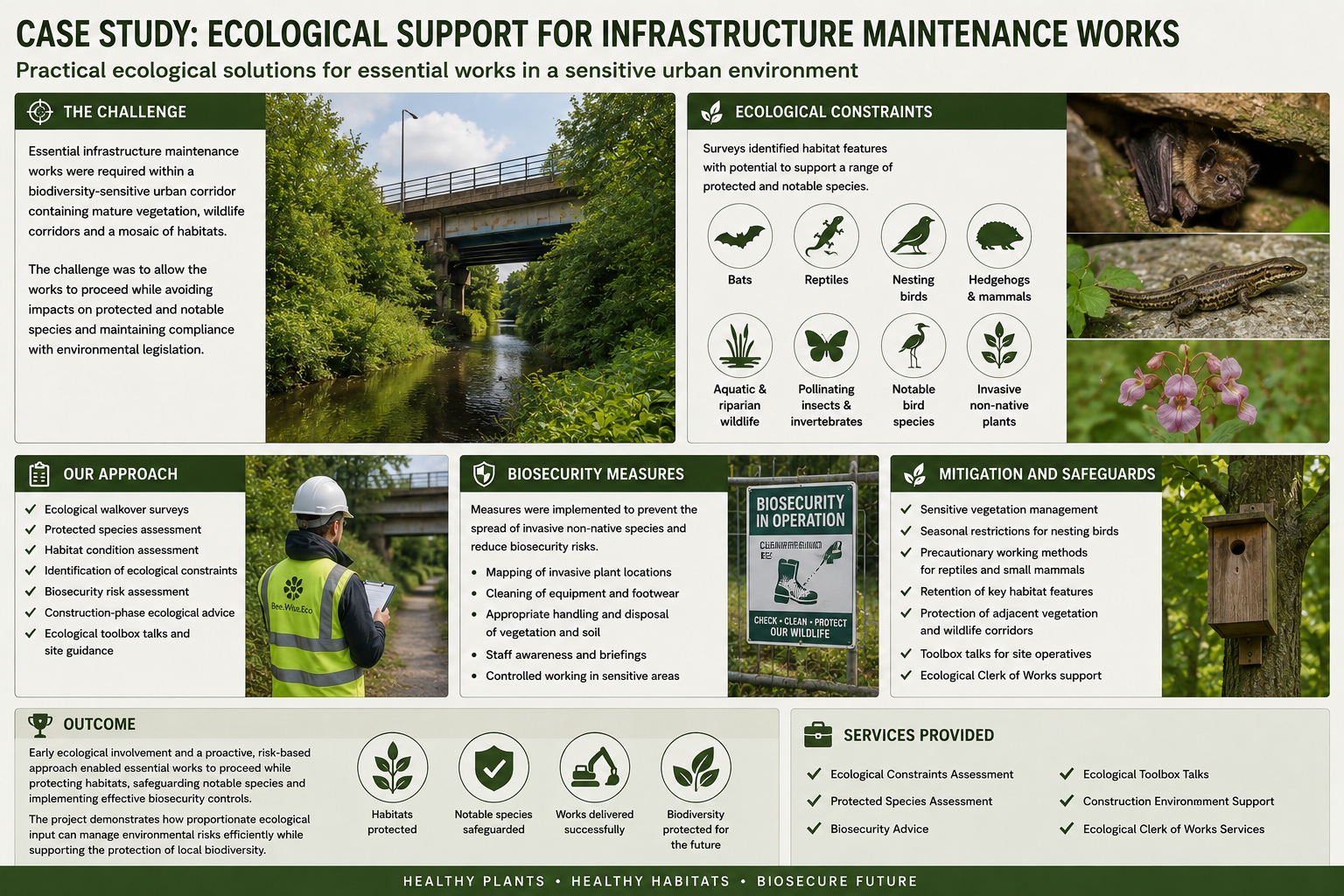 Bee.Wise.Eco provided ecological support for localised infrastructure maintenance works within a constraint urban environment containing mature vegetation, designated sites and wildlife corridors.