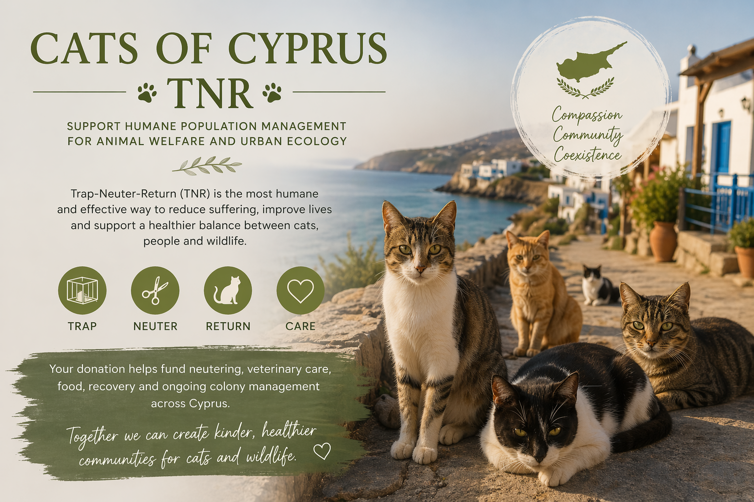 A poster for Cats of Cyprus, a TNR program supporting humane population management for cats. The poster features a scenic coastal background with five cats in the foreground, along with icons and text explaining the program's purpose and how donations help. The poster emphasizes compassion, community, and coexistence.