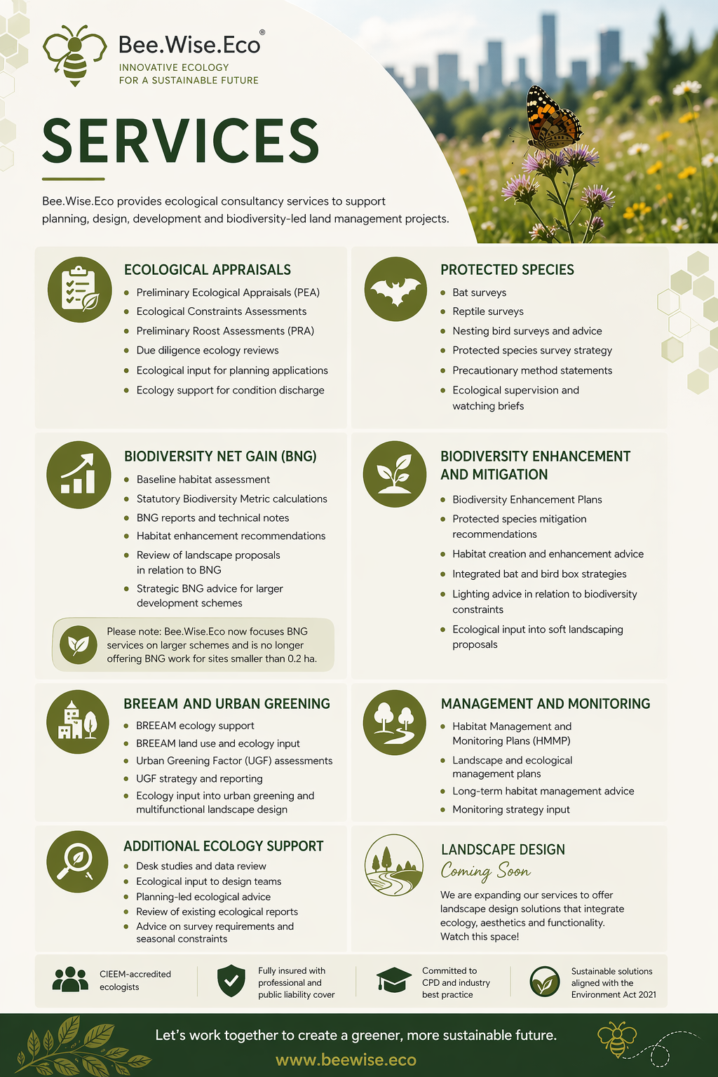 Company services overview for Bee Wise Eco include ecological appraisals, protected species surveys, biodiversity net gain, biodiversity enhancement, management and monitoring, additional ecology support, landscape design coming soon, BREEAM and urban greening, and other ecological consulting services with icons representing each category.