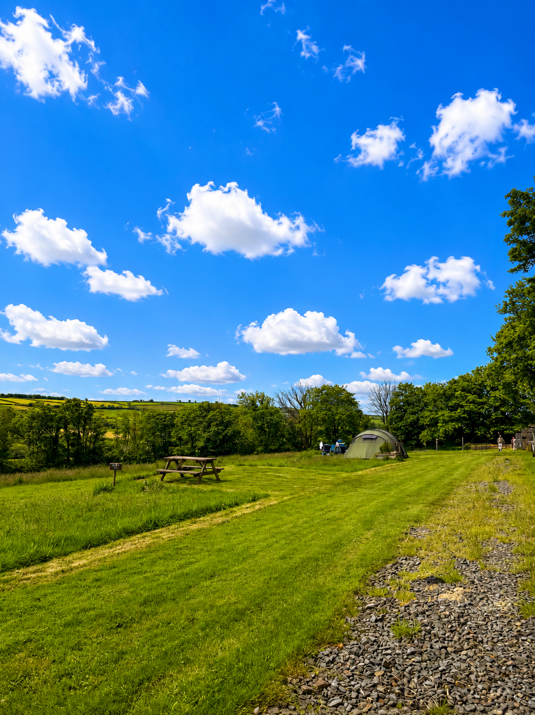 A scenic outdoor landscape with a bright blue sky dotted with white clouds, green grassy field, several trees, a picnic table, and a camping tent near the right side of the image.