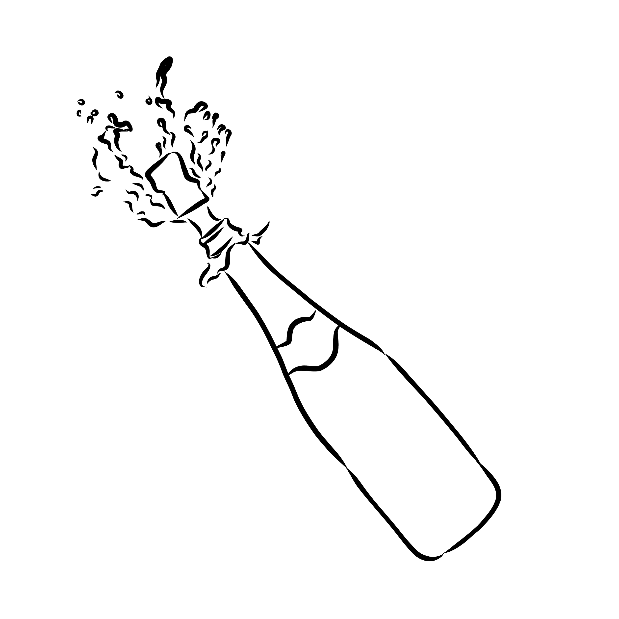Line drawing of a champagne bottle being uncorked, with liquid splashing out.