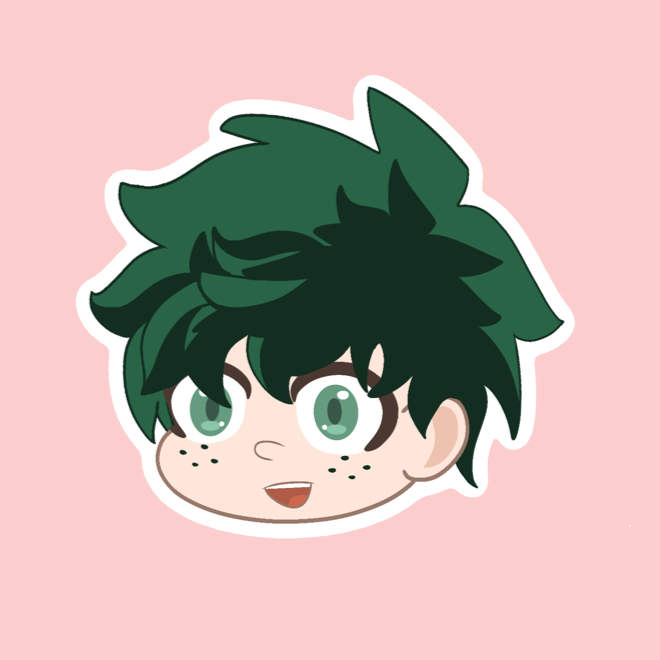 Cartoon depiction of a character with green, spiky hair and large green eyes, set against a pink background.