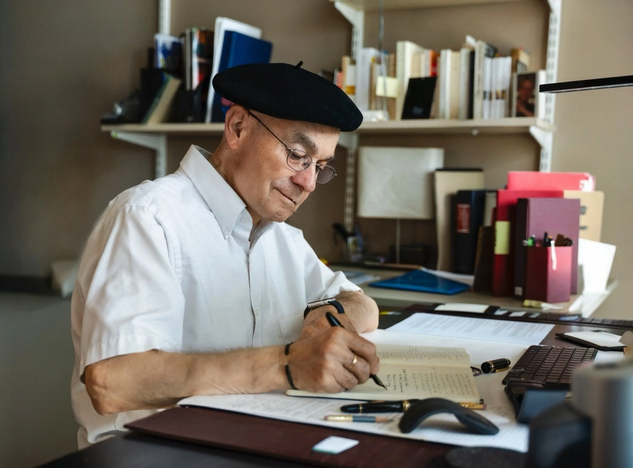 A man wearing glasses and a black beret is sitting at a desk, writing in a notebook. Behind him, there are bookshelves filled with books, and on the desk, there are multiple office supplies, including pens, a smartphone, and a closed laptop.