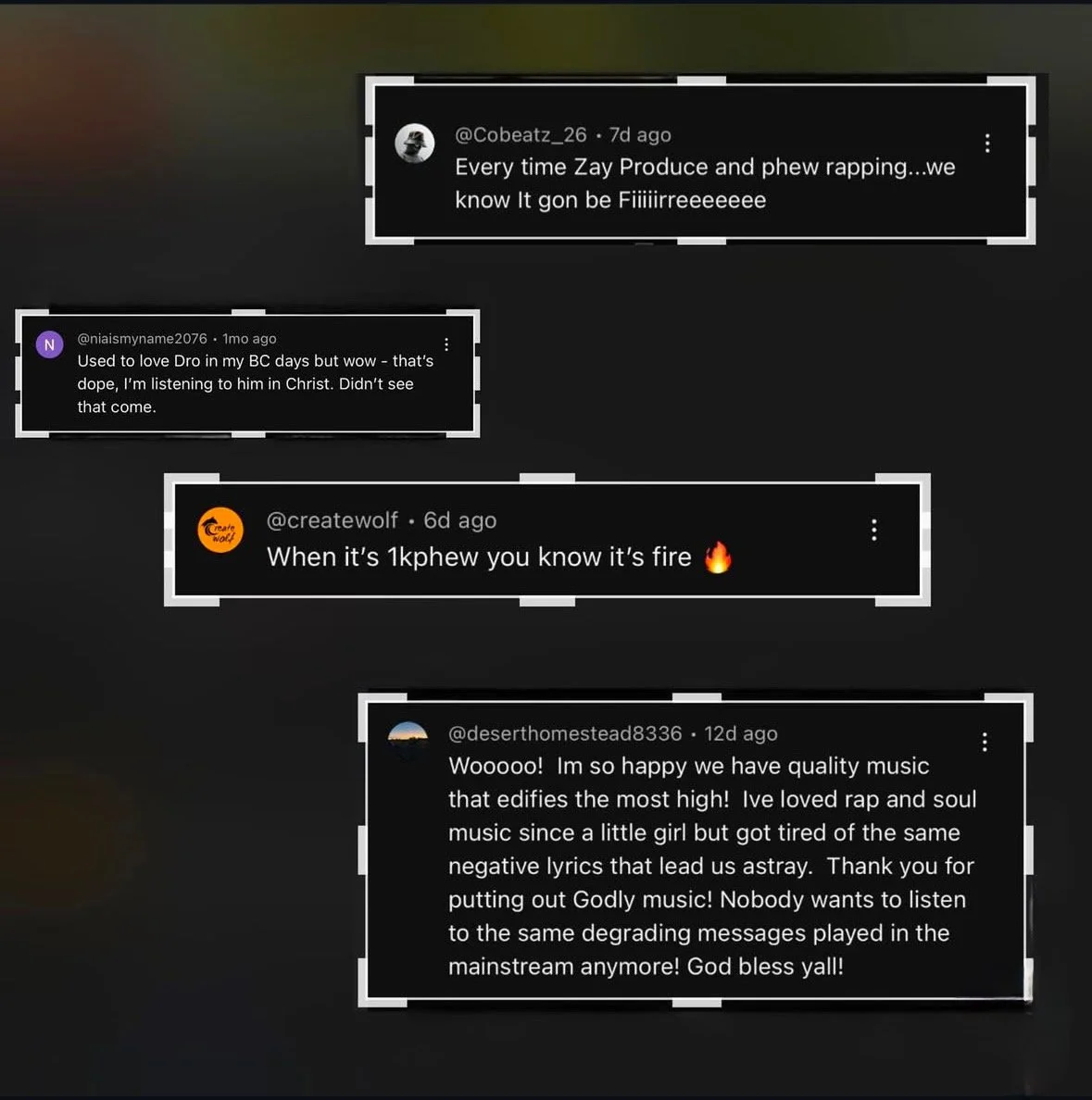 Screenshot of various social media comments praising rap music and artists, mentioning Drake, Lil Durk, and the quality of music.
