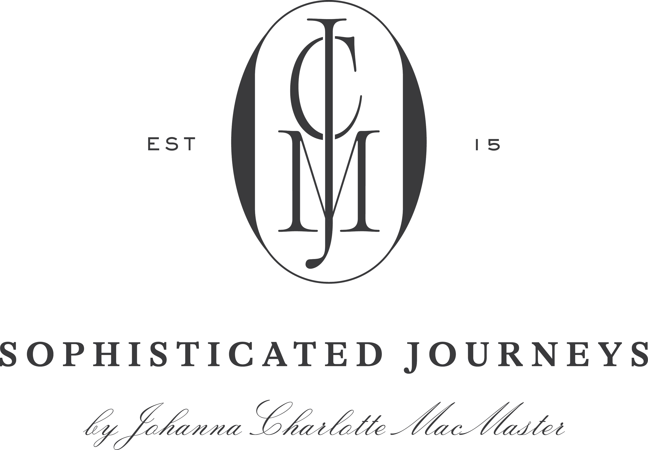 Logo for Sophisticated Journeys, with a vertical oval and a stylized 'S' shape inside, the text 'EST 15' on either side, and the phrase 'by Johanna Charlotte MacMaster' below.