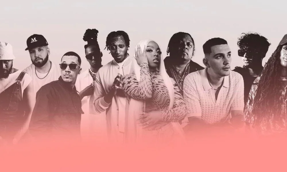 A diverse group of ten people posing together, some with sunglasses, dressed in casual and stylish clothing, against a plain light background.