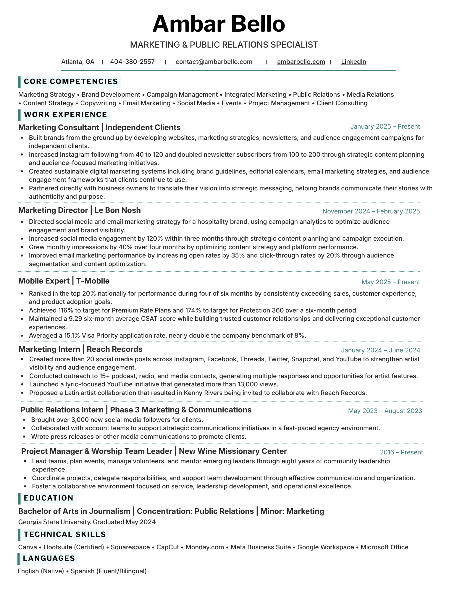 A resume of Ambar Bello, a marketing and public relations specialist from Atlanta, GA, listing skills, work experience, education, technical skills, and languages.