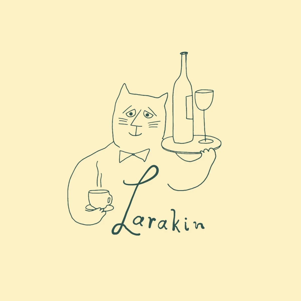 A line drawing of a cat in a tuxedo holding a coffee cup in one paw and a tray with a wine bottle and glass in the other paw. The words "Larakın" are written below the cat.