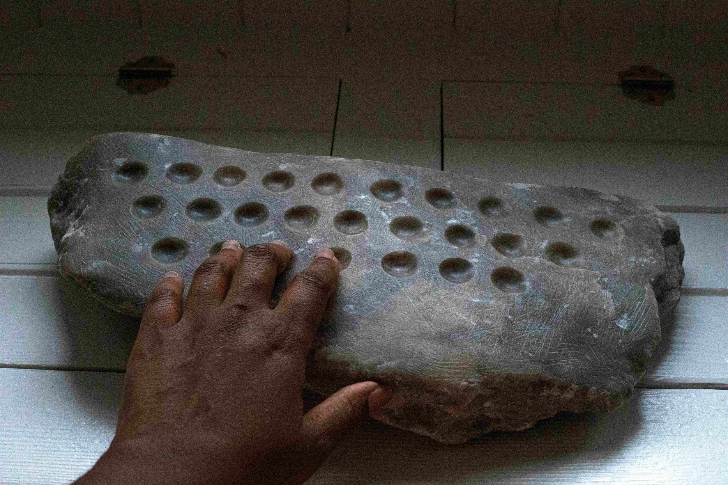 The Qwerty Stone, 2026, Silvercloud alabaster, 15”x4”x2”