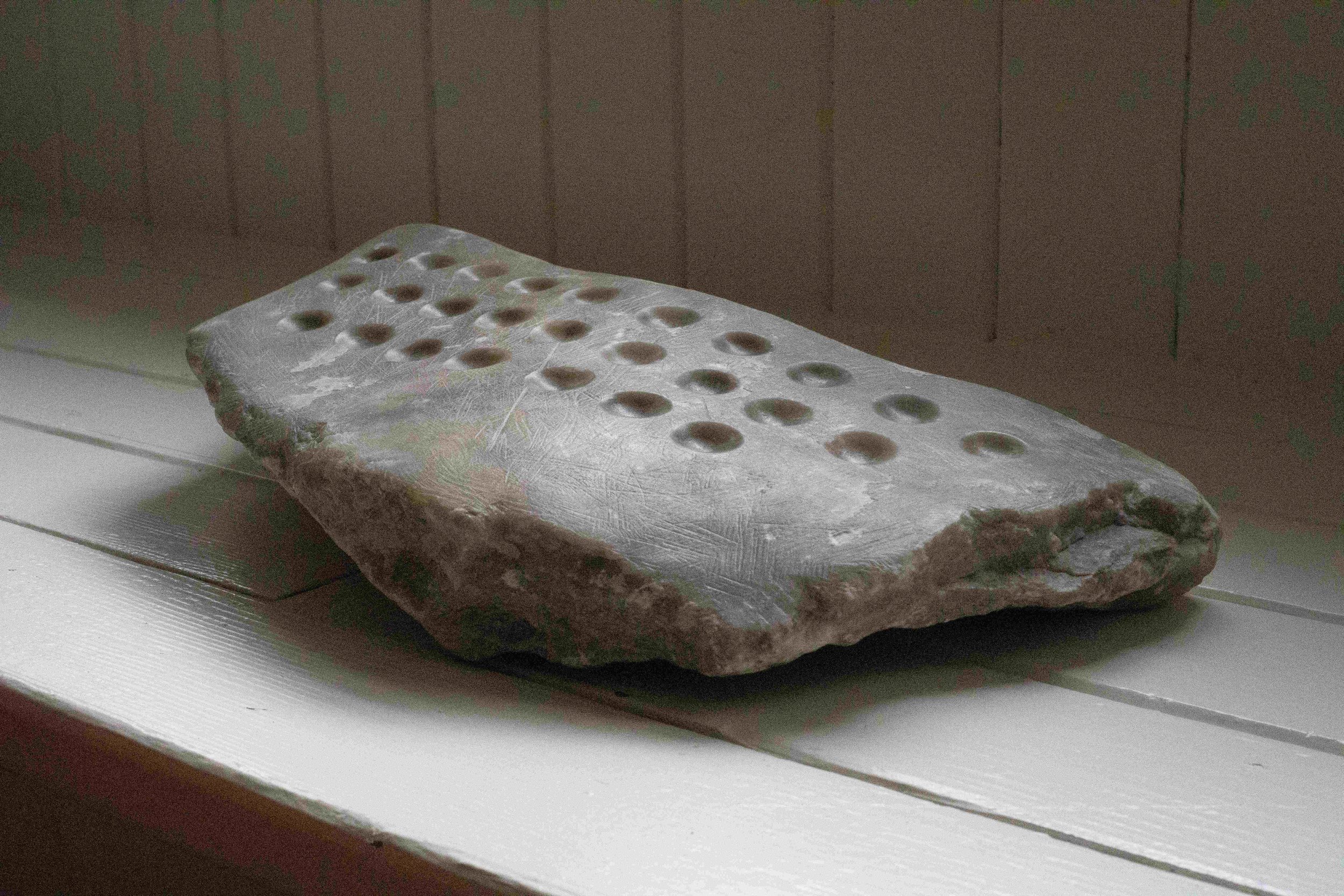 The Qwerty Stone, 2026, Silvercloud alabaster, 15”x4”x2”