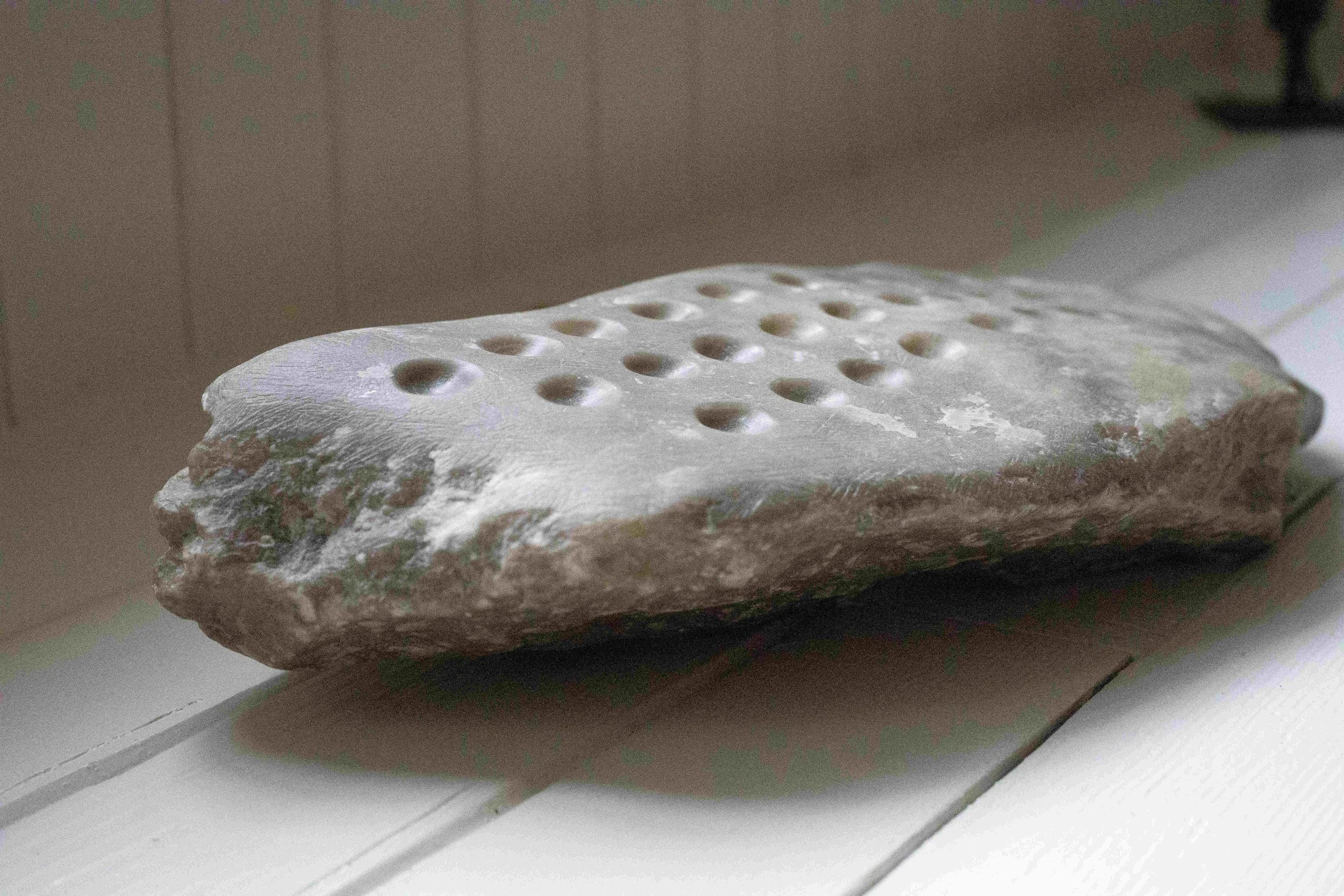 The Qwerty Stone, 2026, Silvercloud alabaster, 15”x4”x2”