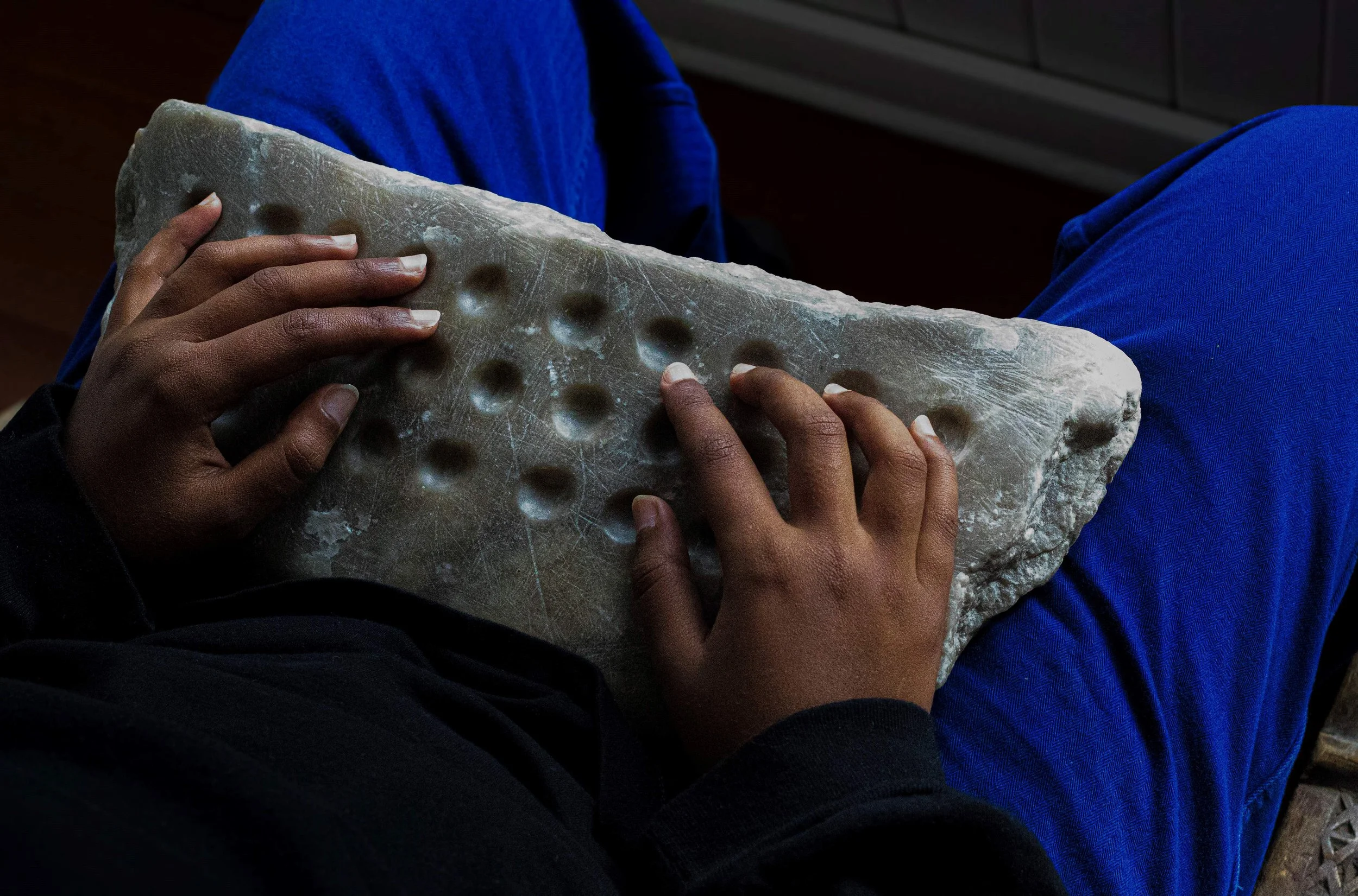 The Qwerty Stone, 2026, Silvercloud alabaster, 15”x4”x2”