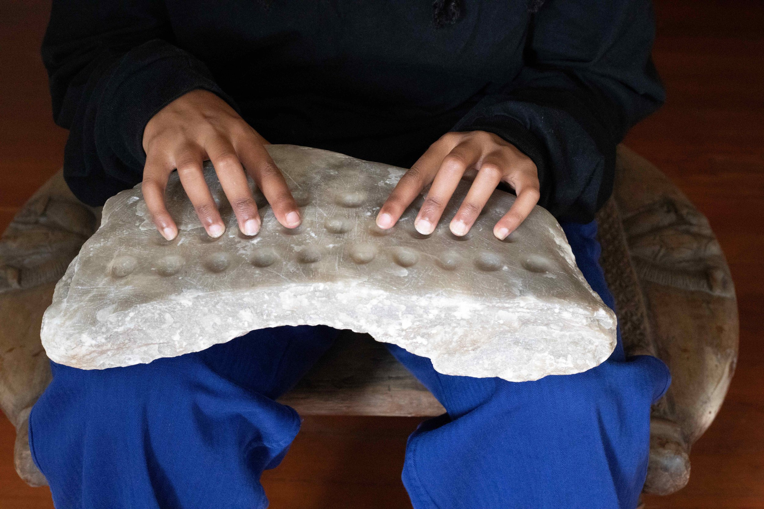 The Qwerty Stone, 2026, Silvercloud alabaster, 15”x4”x2”