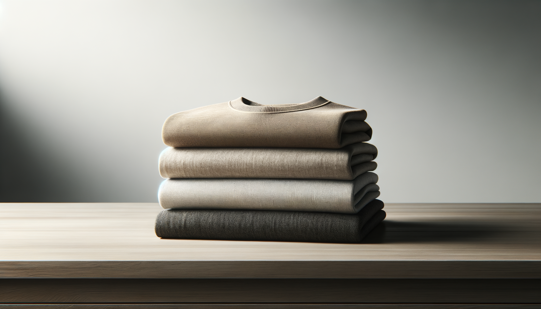 Stack of five neatly folded sweaters in neutral colors on a wooden surface against a plain gray background.
