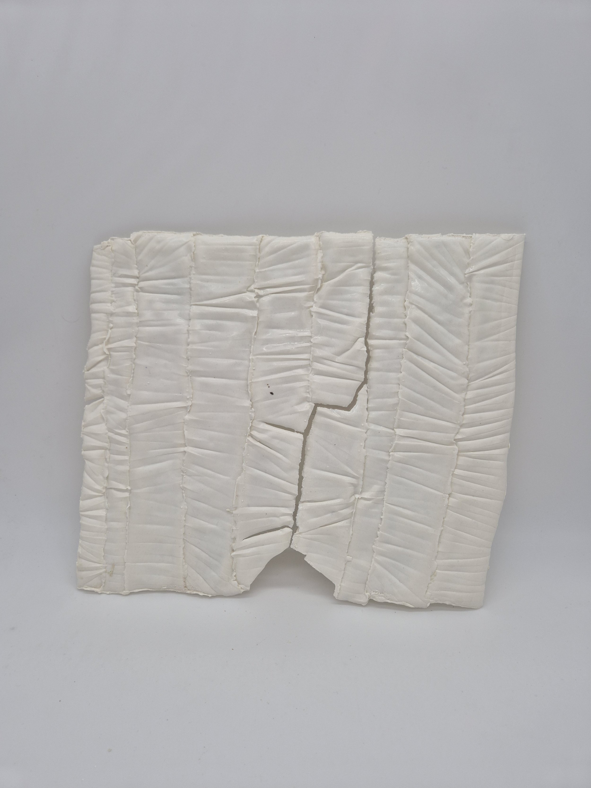 Kunstwerk van witte, gestructureerde panelen met vouwen.