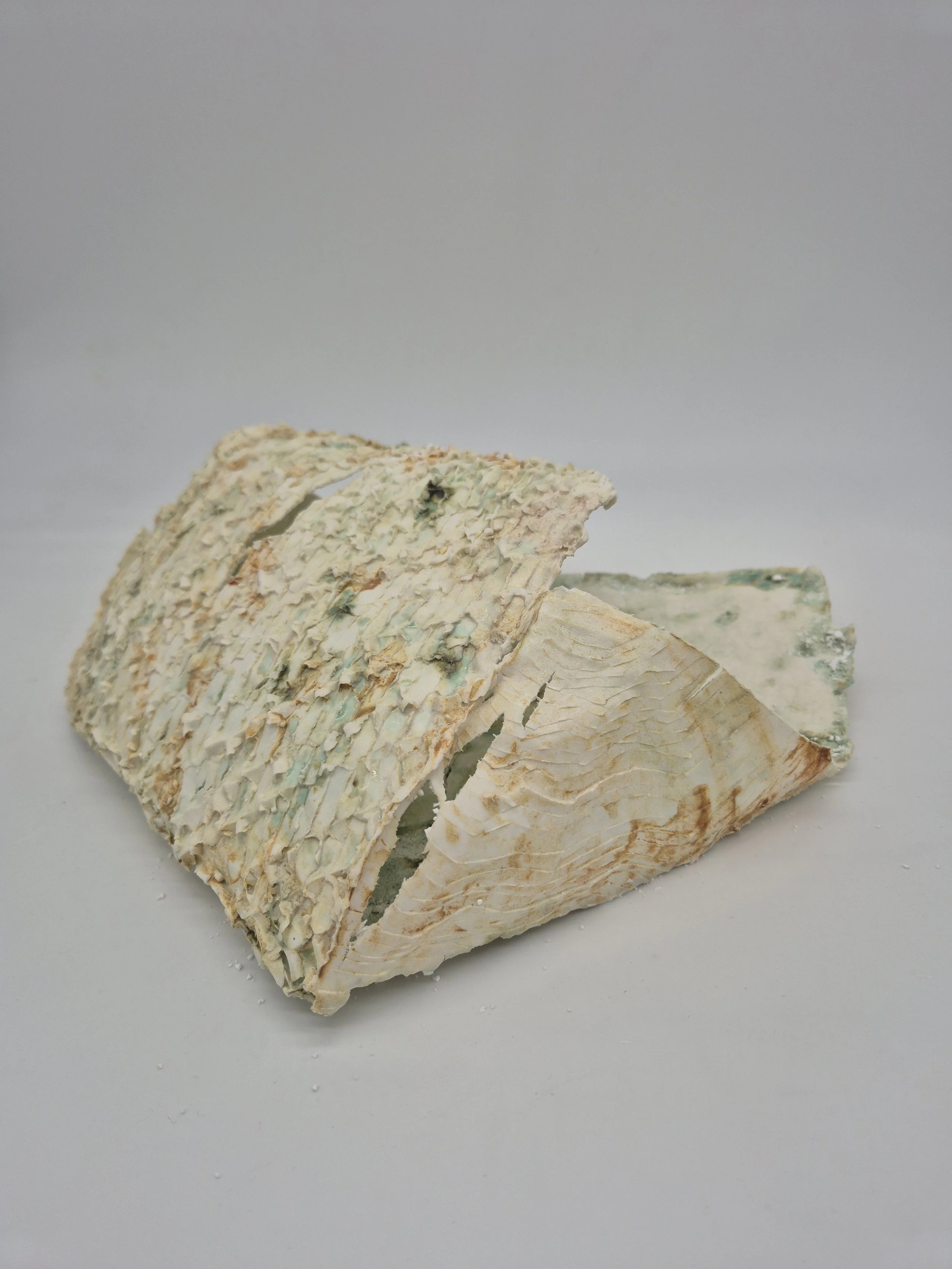 Keramische sculptuur met textuur op een witte achtergrond.