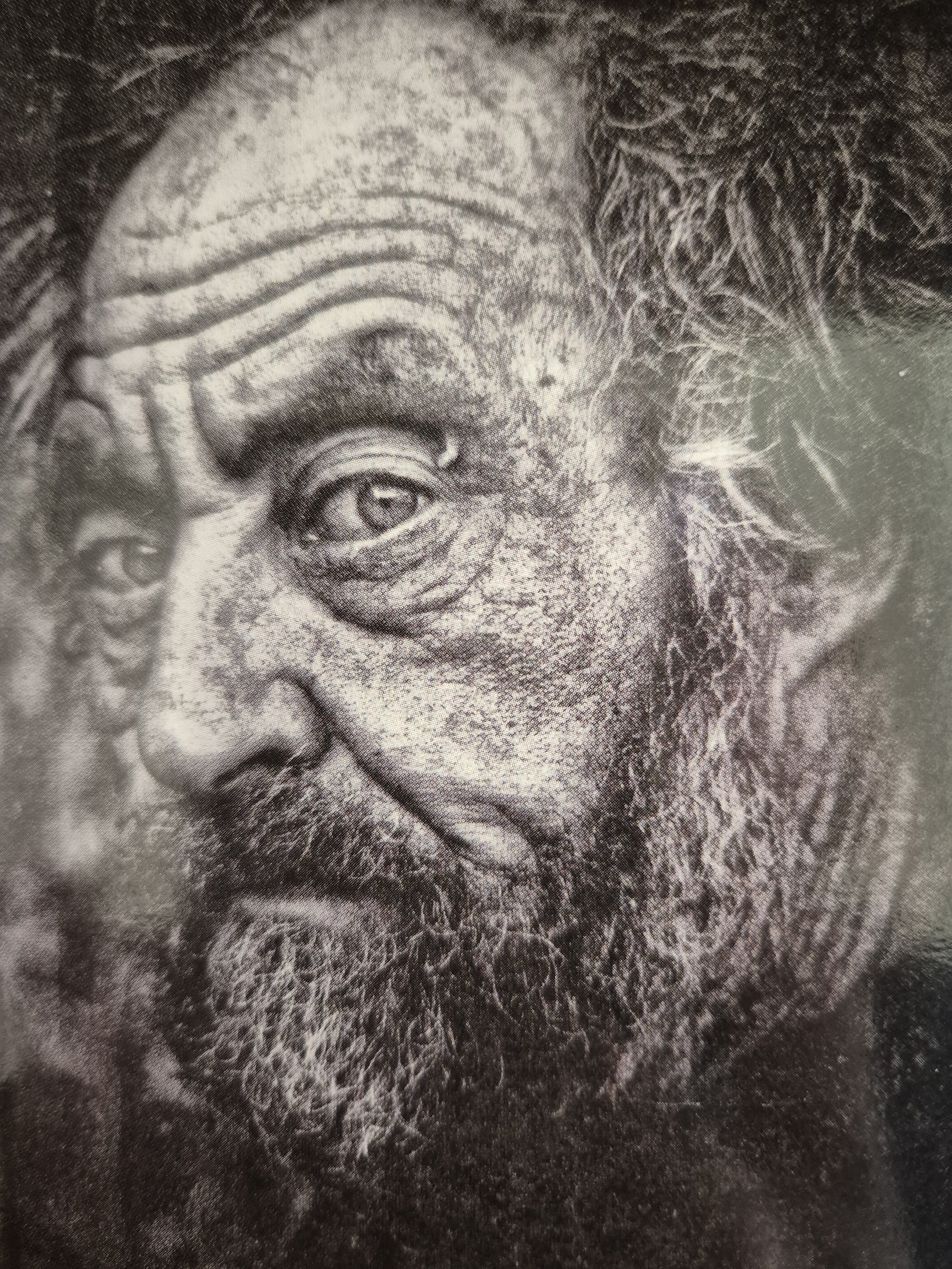 Zwart-wit portret van een oudere man met een baard, rimpelig gezicht en een intense blik. Rotterdamse dak- en thuisloze.