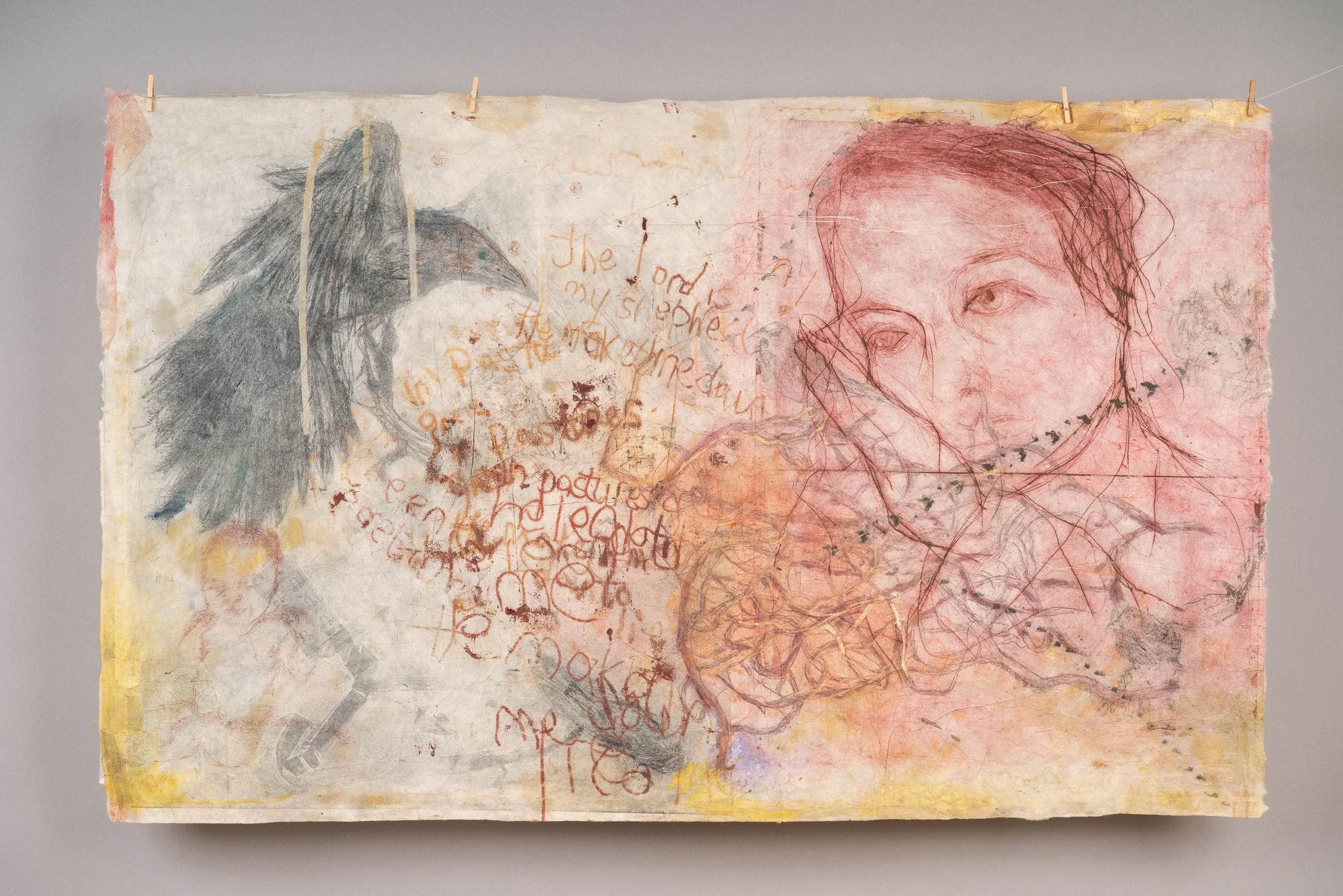 Mixed media artwork featuring a detailed pencil sketch of a child's face, a watercolor painting of a bird, handwritten text, and scribbles on textured paper.