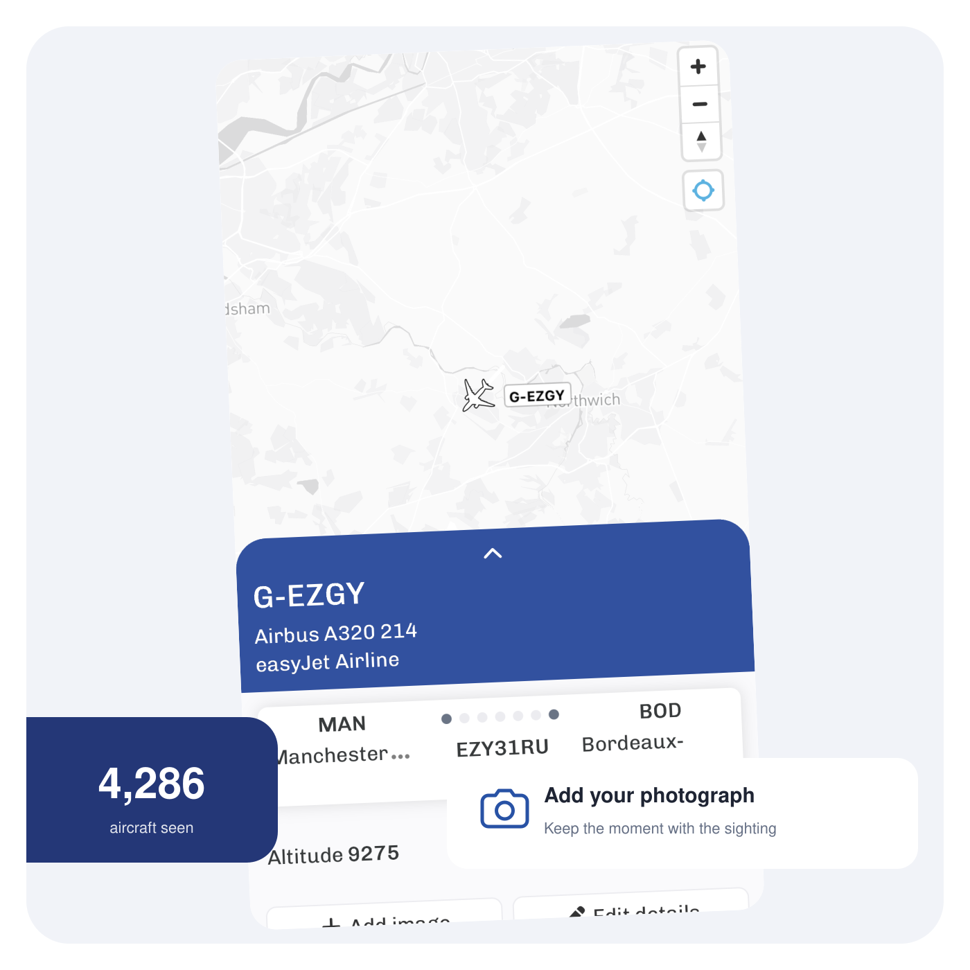Have I Seen It aircraft sighting screen showing G-EZGY, an aircraft collection count and the photo upload feature.