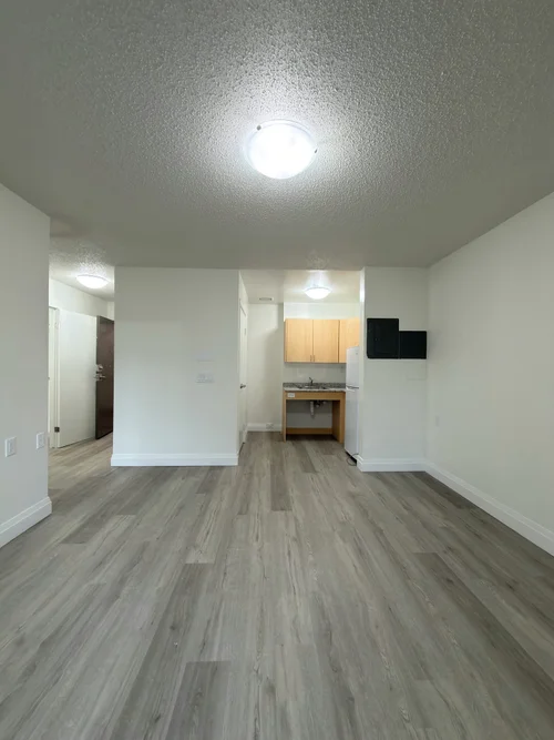 Finished open living area with fresh white walls and grey vinyl plank floor