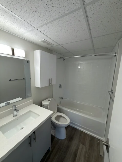 Finished bathroom with a white tub, grey vanity and wall cabinet above the toilet