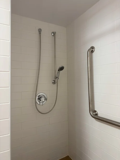 Shower with handheld wand and stainless grab bar on white tile