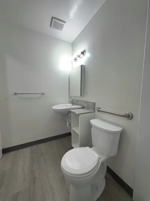 Compact accessible bathroom with wall sink, grab bar and toilet on wood-look flooring