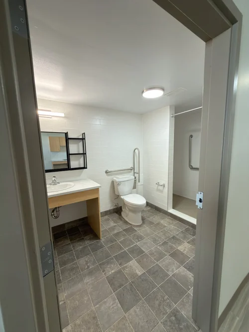 Accessible bathroom with roll-under vanity, toilet grab bars and a tiled walk-in shower