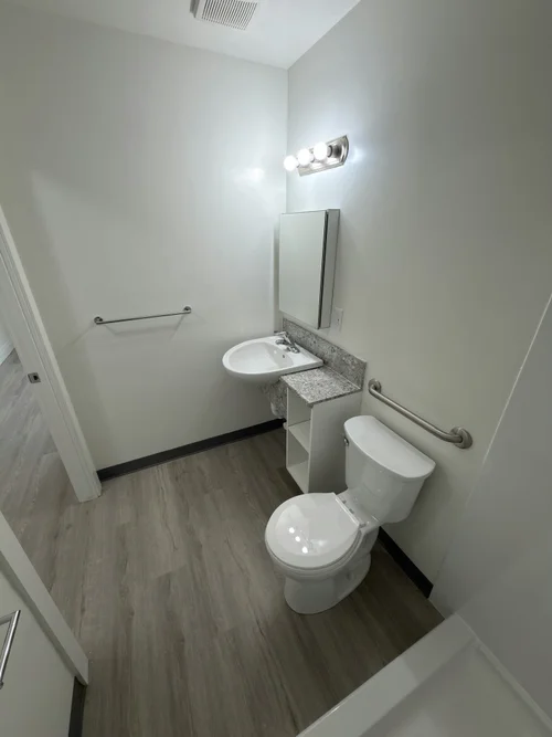 Accessible bathroom with wall-mounted sink, granite counter, open shelves, toilet and grab bar